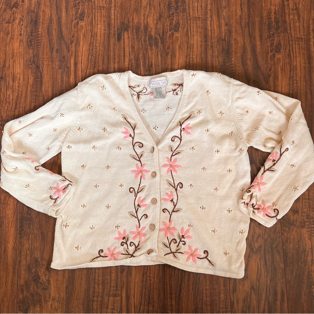 Vtg Womens M Sweater Mandal Bay Embroidered Floral Seed Bead Cottage Core READ